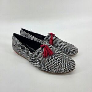 TOMS Jutti Flat Loafer Black White Glen Plaid Red Tassel Womens 7.5W